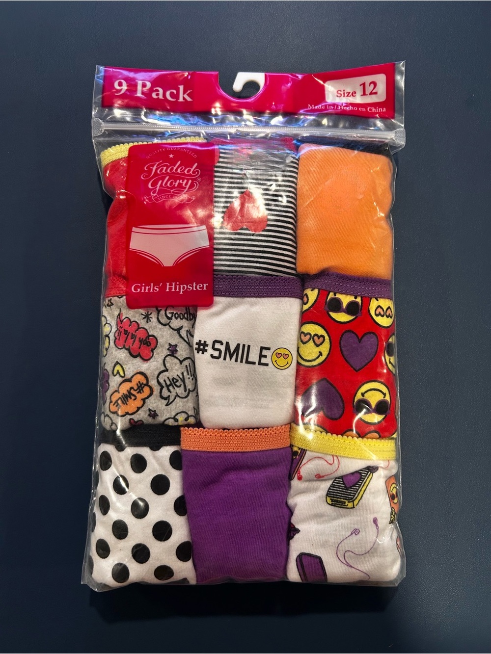 NWT- Faded Glory Girls' Hipster Underwear 9-Pack - Size 12